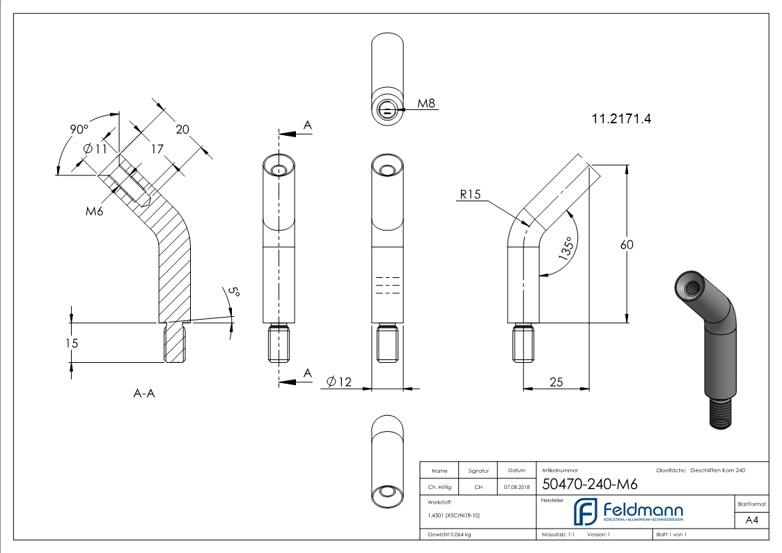 Stift | Maße: 60x12 mm | 135° gebogen | mit Außen - und Innengewinde | V2A