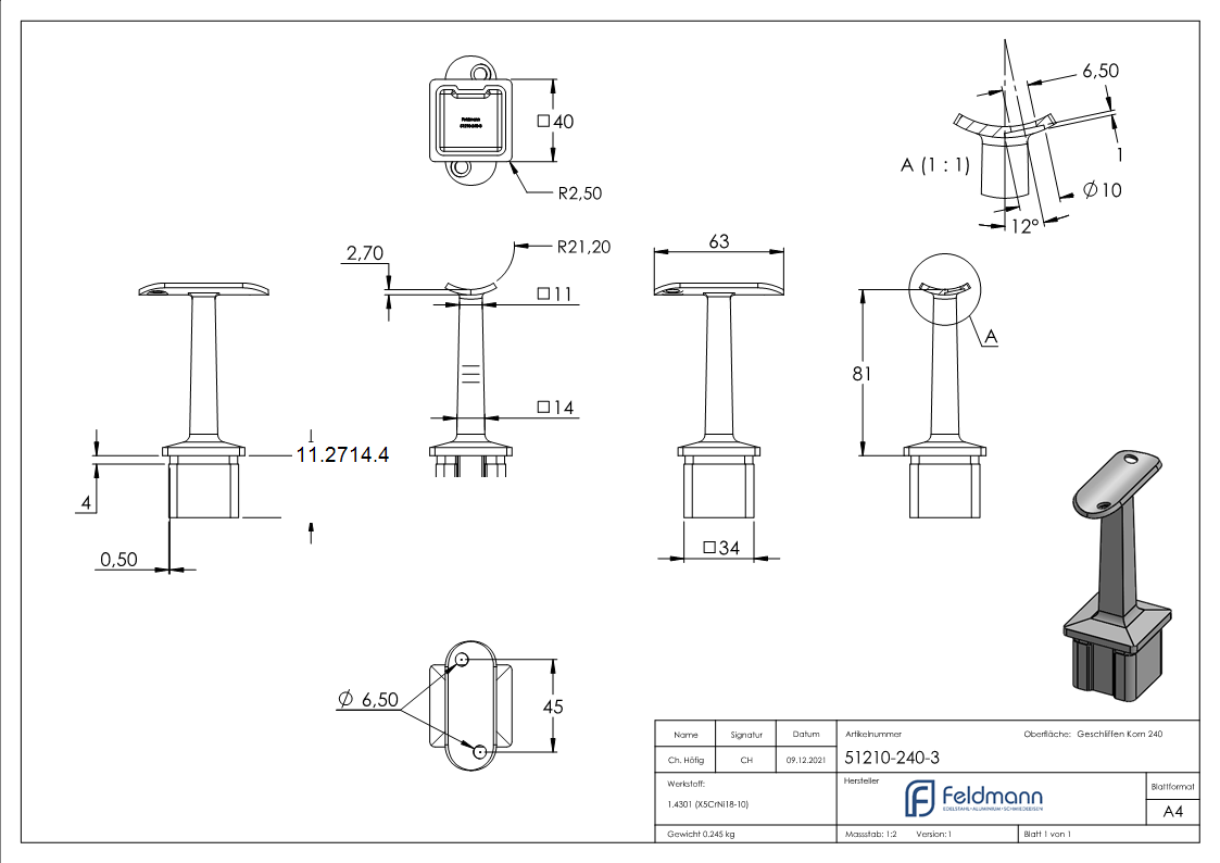 Handlaufhalter für Vierkantrohr 40x40x3,0 mm V2A