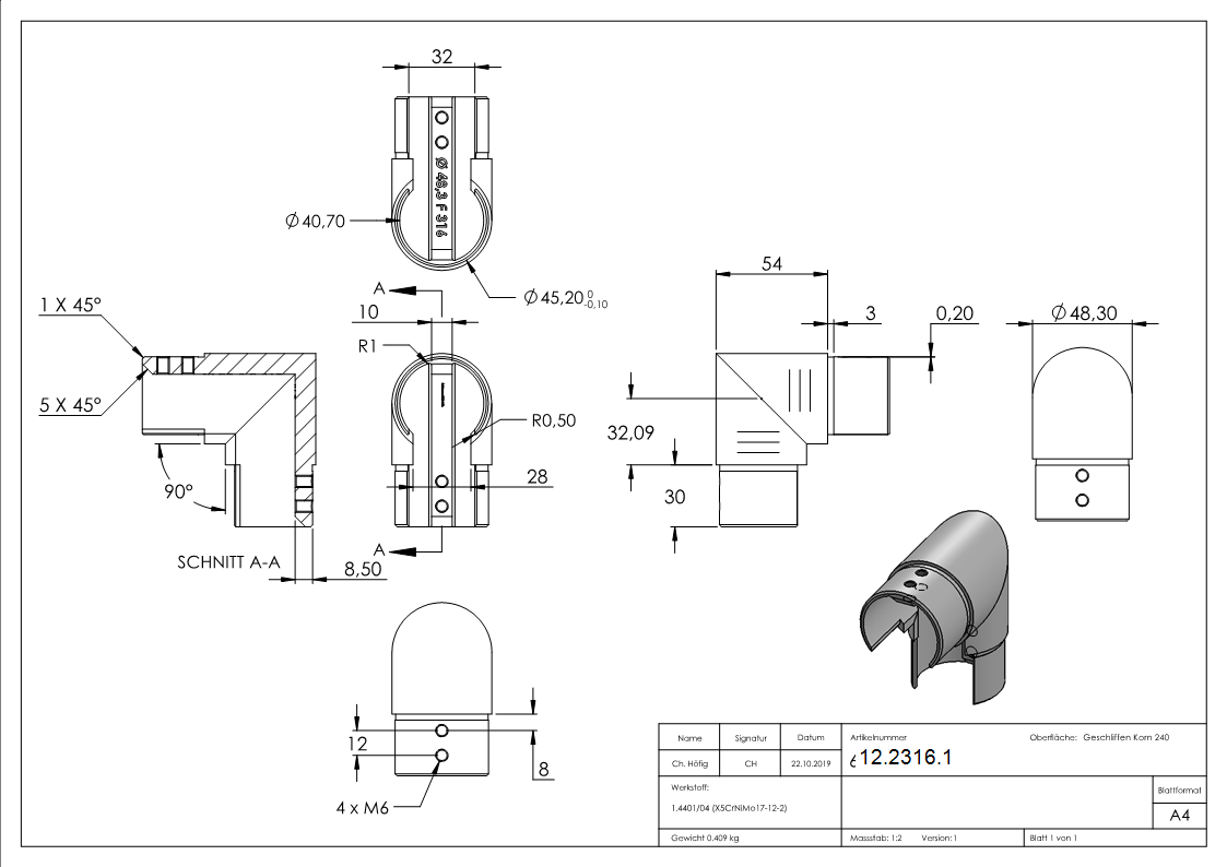 Rahmenecke 90° | vertikal | für Nutrohr Ø 48,3 mm | V4A