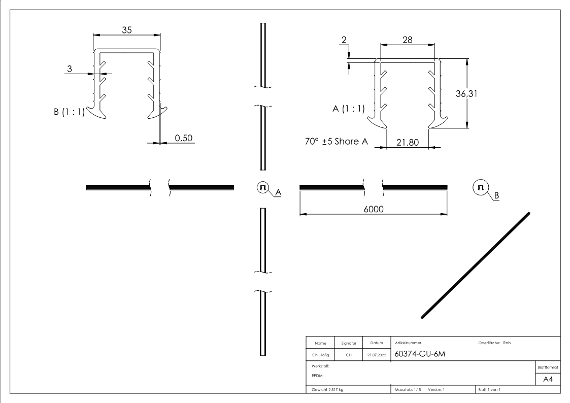 Keildichtung Glas 24,76 – 25,52mm, für Nut 34 x 34mm, Länge 6m, EPDM