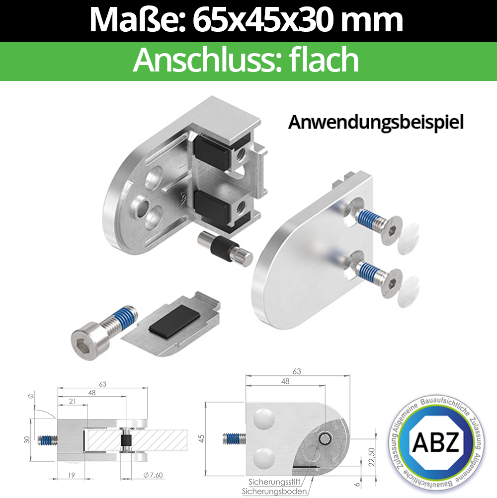 Glasklemme AbZ 63x45x30 mm Flach, für 10,76 mm VSG Glas, Nein | Ohne Sicherungsstift, Nein | Ohne Sicherungsboden