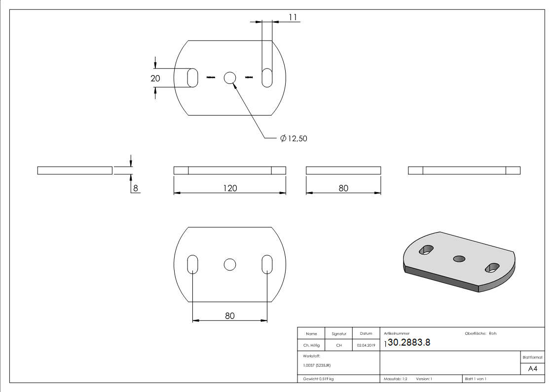 Ankerplatte 120x80x8 mm 3 Bohrungen |  Stahl roh