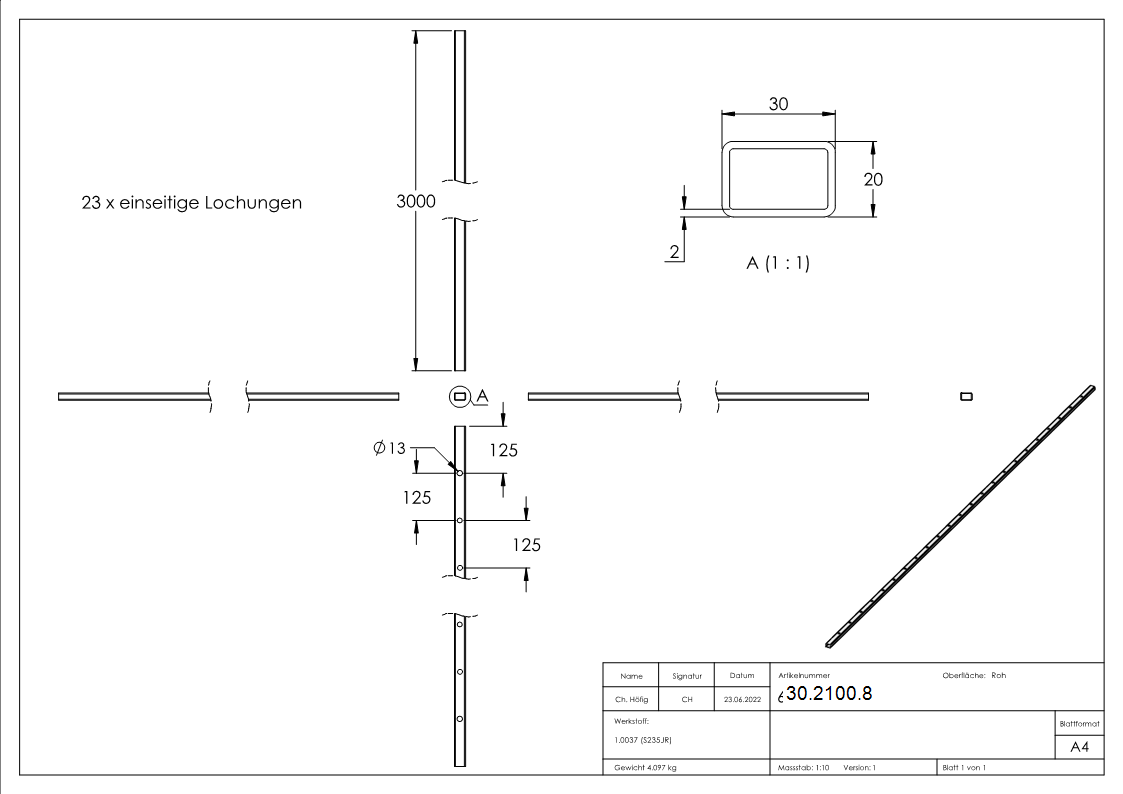 Rechteckrohr | Maße: 30x20x2 mm | Länge: 3000 mm | Stahl S235JR, roh