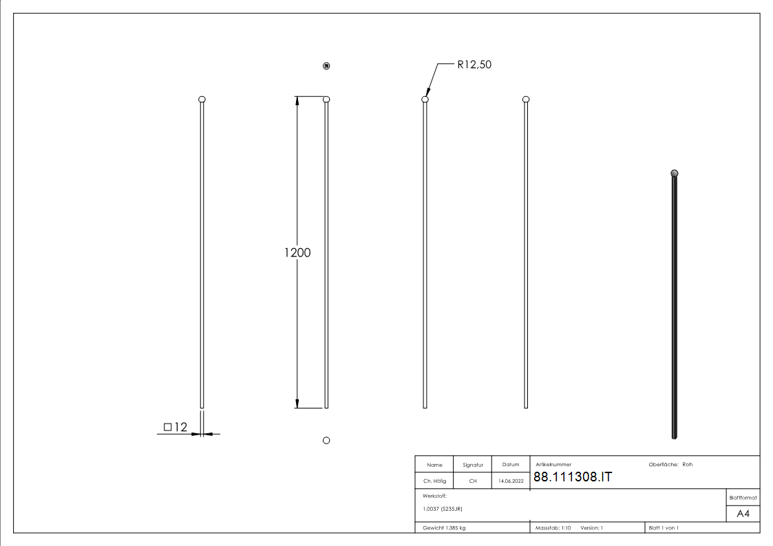 Kugelstab 12 x 12mm; Länge 1200mm;  Kugel 25mm