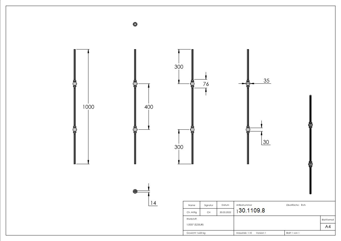 Zwischenstab | Länge: 900 mm | Material: 14 mm | rund, gehämmert | Stahl S235JR, roh