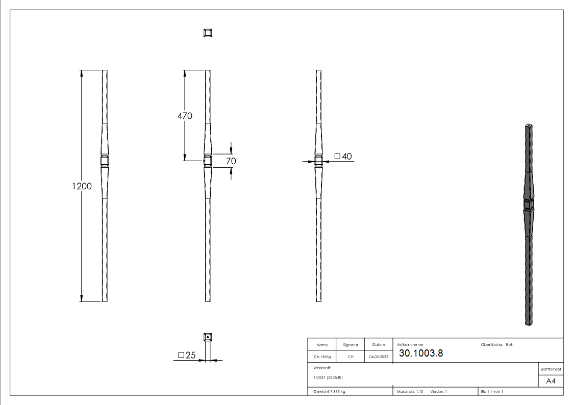 Anfangsstab | Länge: 1200 mm | Material: 25x25 mm | Stahl S235JR, roh