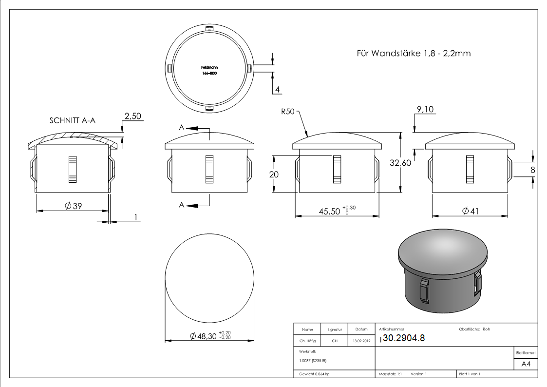 Stahlstopfen | leicht gewölbt | für Ø 48,3x1,8-2,2 mm | Stah S235JR, roh