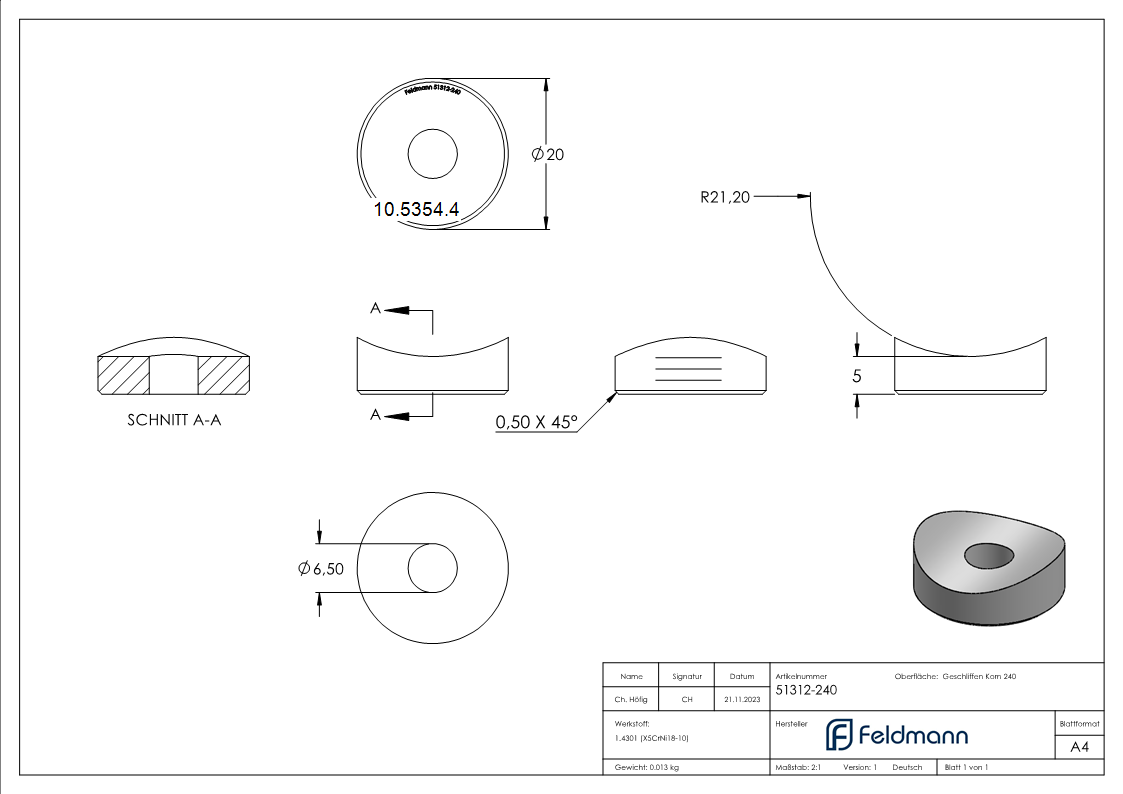 Ausgleichsstück Ø 20 mm für Rundrohr Ø 42,4 mm V2A