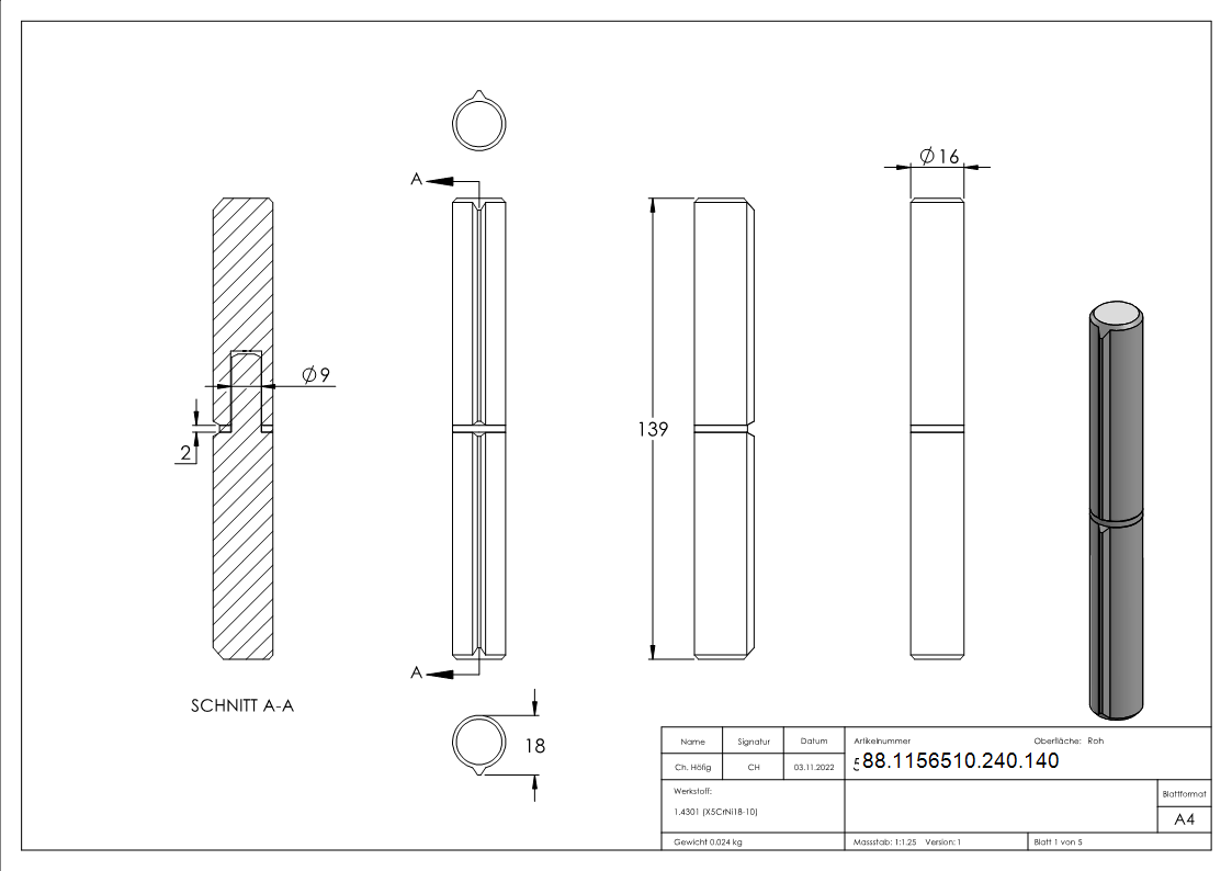 Anschweißband, Länge: 140mm, fester Zapfen, V2A