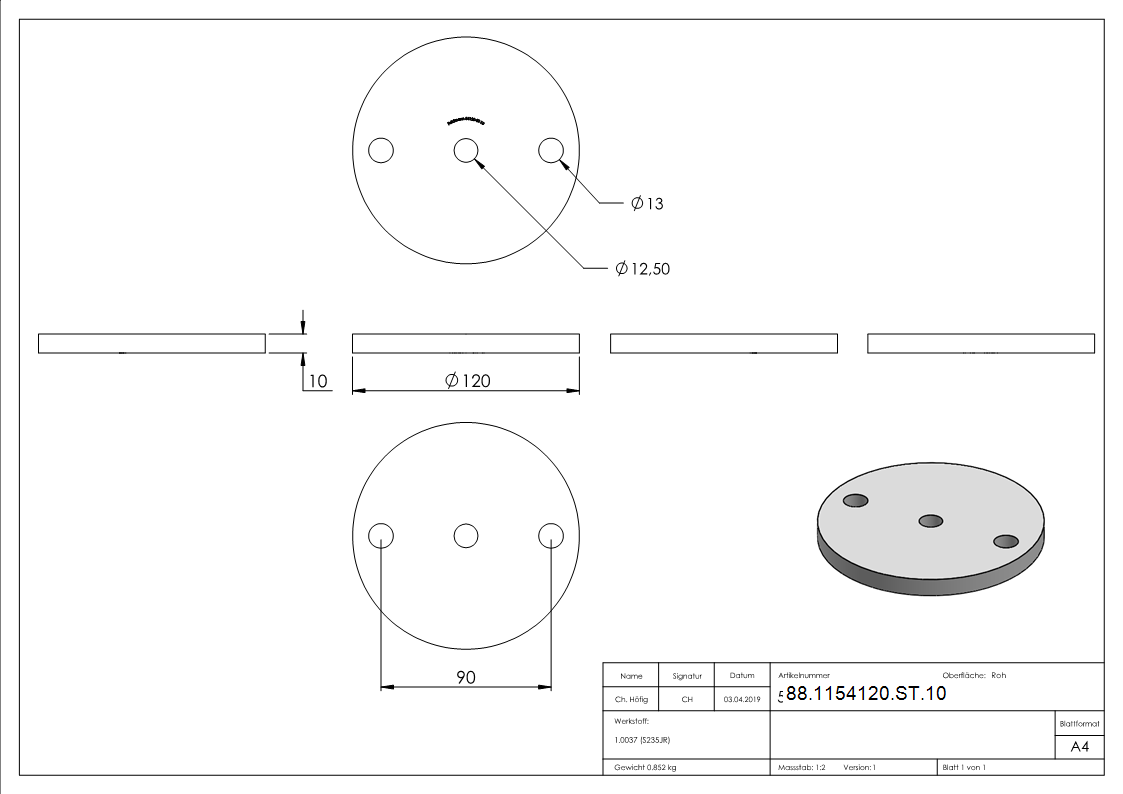 Ankerplatte 120x10 mm 3 Bohrungen |  Stahl roh