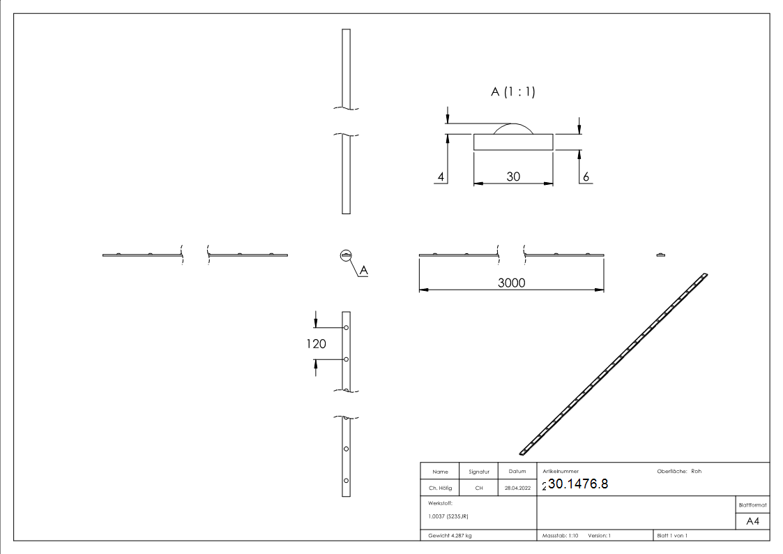 Flacheisen mit Nieten | Material: 30x6 mm | Länge: 3000 mm | Stahl (Roh) S235JR