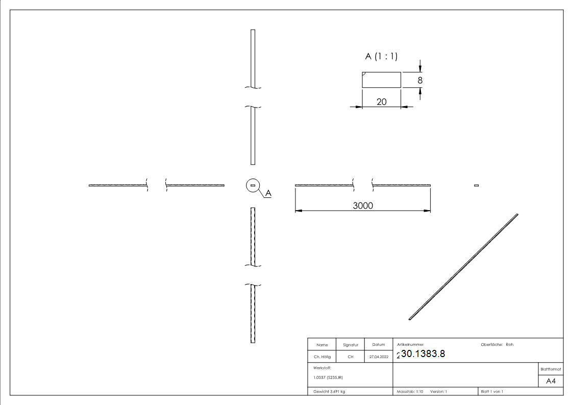 Flacheisen | Material: 20x8 mm | Länge: 3000 mm | Stahl (Roh) S235JR