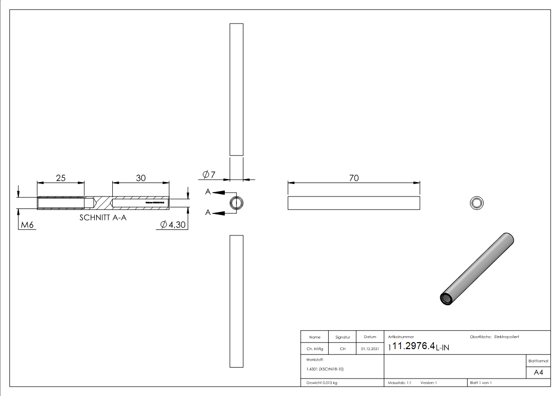 Gewindeterminal mit Innengewinde | Linksgewinde | Für Seil von Ø 4 mm |V2A