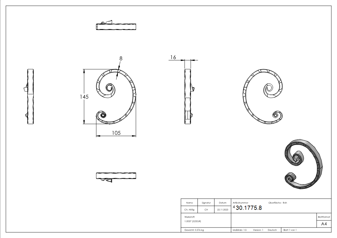 Meisterbarock | Maße: 105x145 mm | Material: 16x8 mm | Stahl S235JR, roh