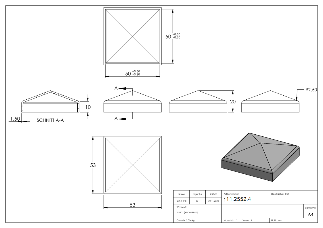 Pfostenkappe für Rohr 50x50 mm V2A ungeschliffen