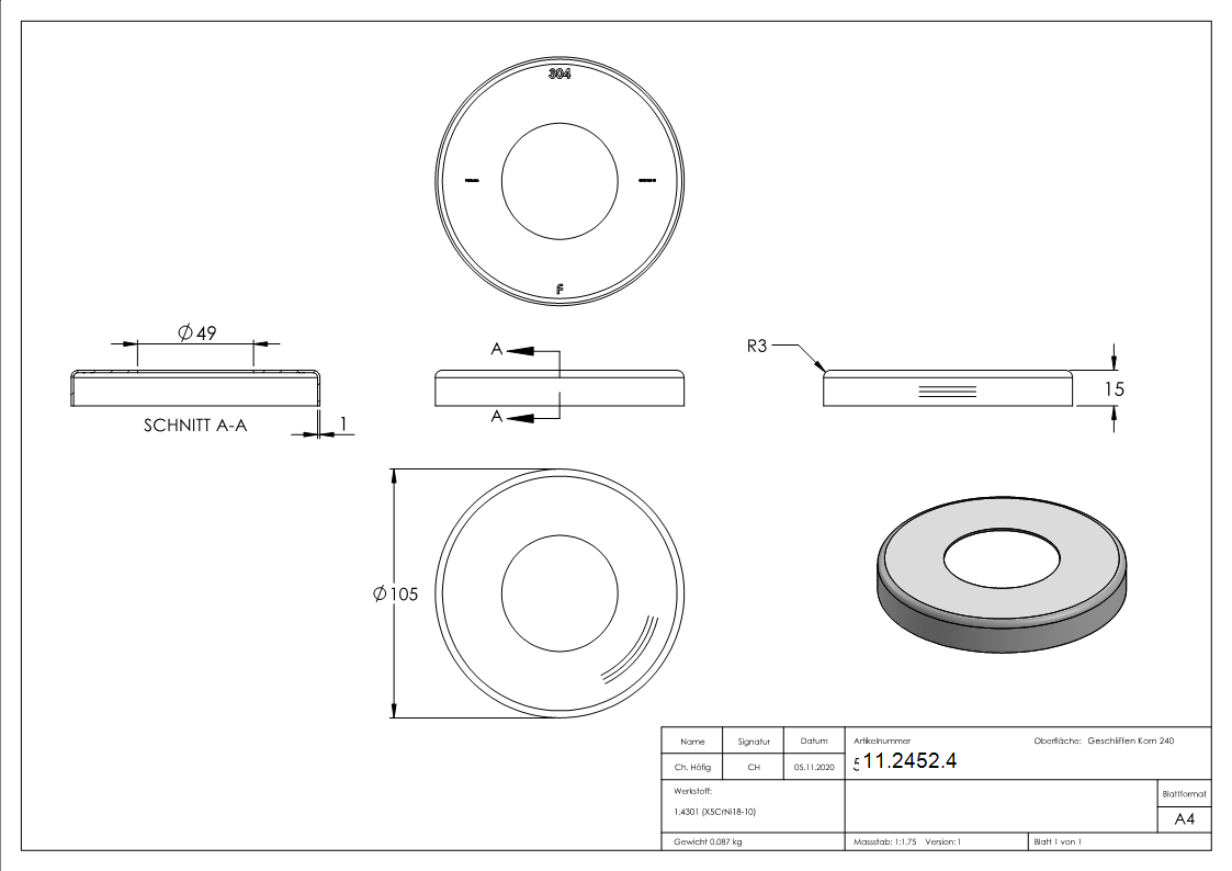 Abdeckrosette Ø 105x15 mm für Rundrohr: Ø 48,3 mm V2A