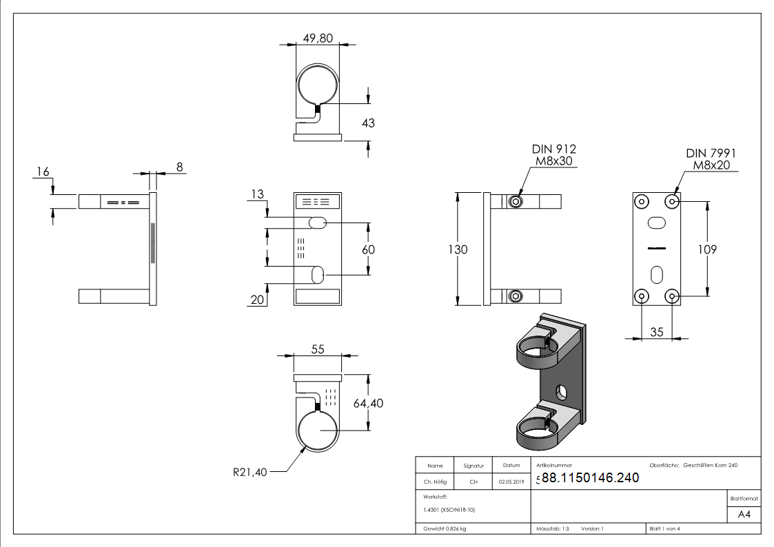 Wandbefestigung für Geländerpfosten 42,4mm