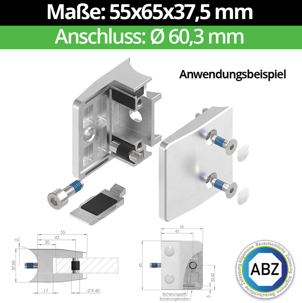 Glasklemme AbZ 55x65x37,5 mm  Ø 60,3 mm, für 11,52 mm VSG Glas, Nein | Ohne Sicherungsstift, Nein | Ohne Sicherungsboden