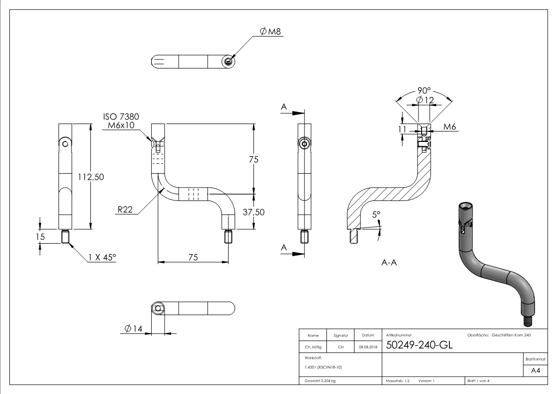 Bügel Ø 14mm, 2x 90° gebogen, V2A