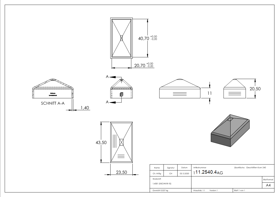 Pfostenabdeckung | für Vierkantrohr: 40x20 mm | V2A