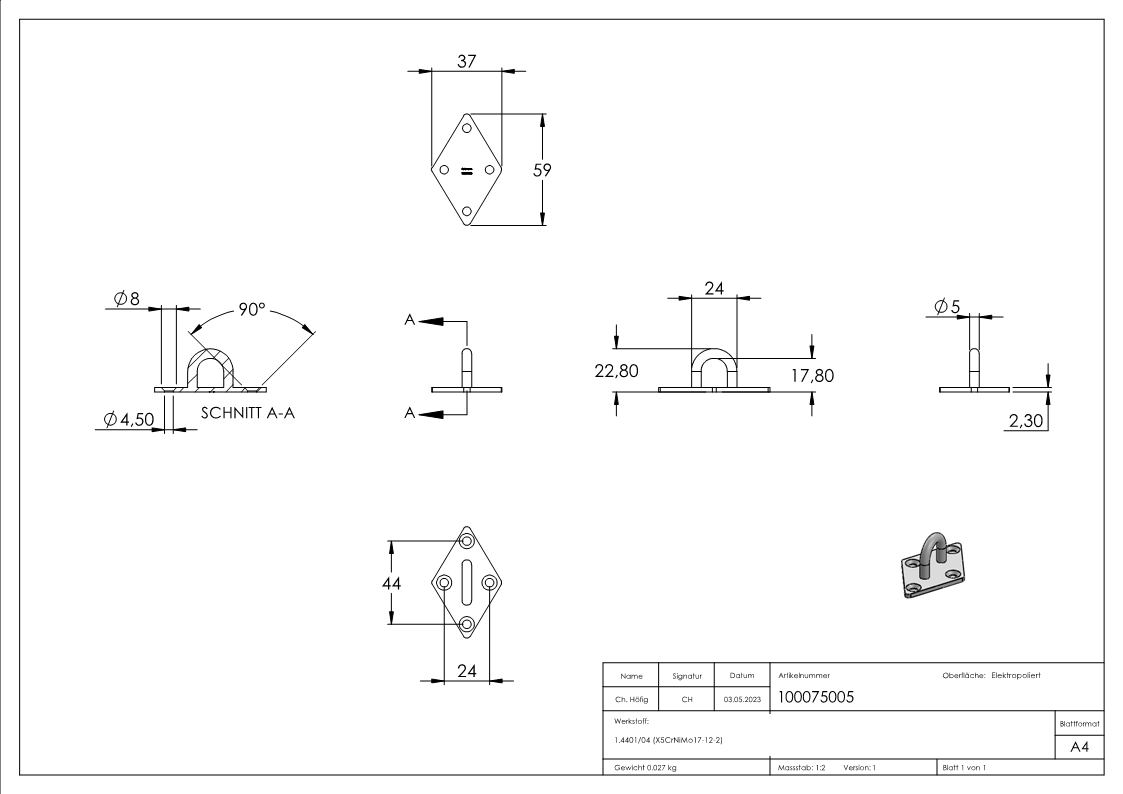 Befestigungsöse mit quadr. Platte V4A