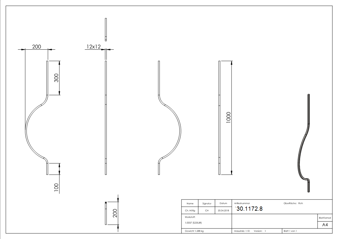 Bauchstab | Länge: 1000 mm | Material: 12x12 mm | Stahl S235JR, roh