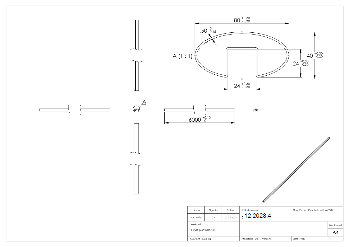 Oval-Nutrohr | Maße: 80x40x1,5 mm | Nut: 24x24 mm | Länge: 6000 mm | V2A