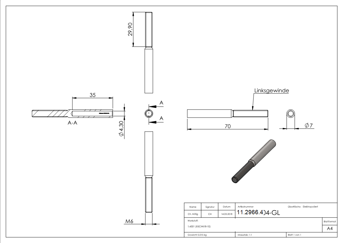 Gewindeterminal mit Außengewinde | Linksgewinde | Für Seil von Ø 4 mm |V2A