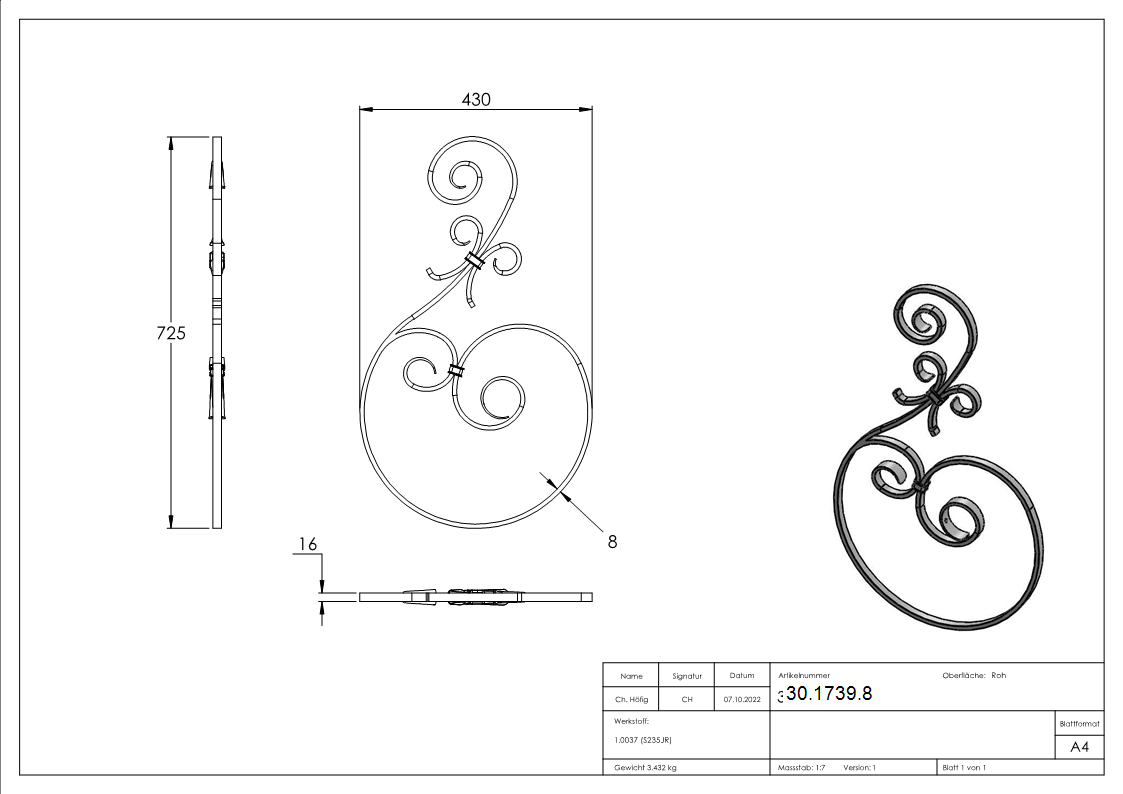 Vordachelement | Maße: 430x725 mm | Material: 16x8 mm | Stahl S235JR, roh