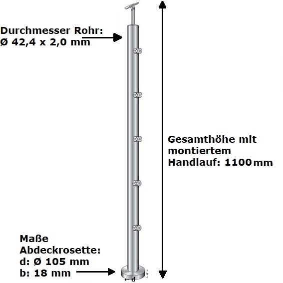 Geländerpfosten | Treppenpfosten | Länge: 1000 mm | für aufgesetzte Montage | V2A