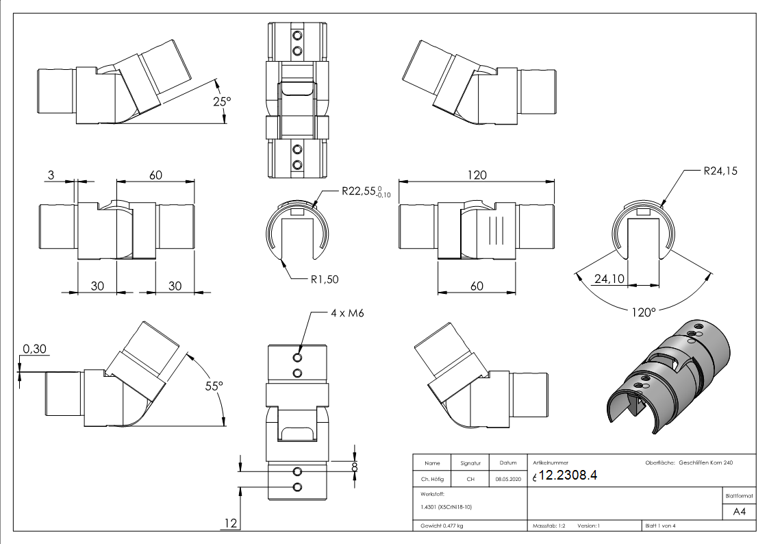 Verbinder flexibel | aufwärts 25-55° | für Nutrohr Ø 48,3 mm | V2A