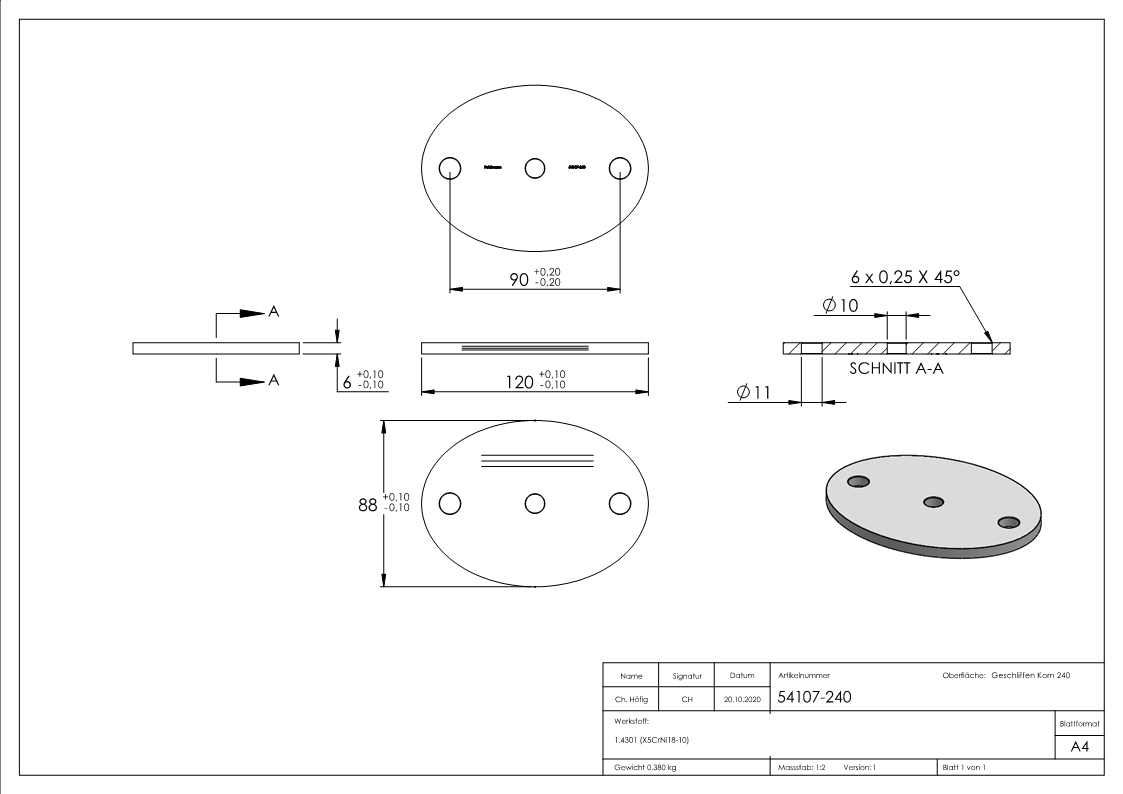 Ankerplatte | Maße: 120 x 88 x 6 mm | mit Zentrierbohrung: Ø 10 mm | V2A