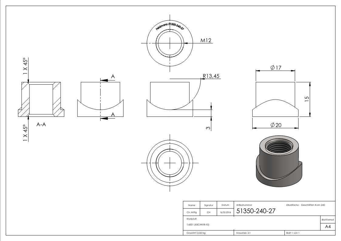 Einschweißmuffe für Torband M12 / 26,9mm