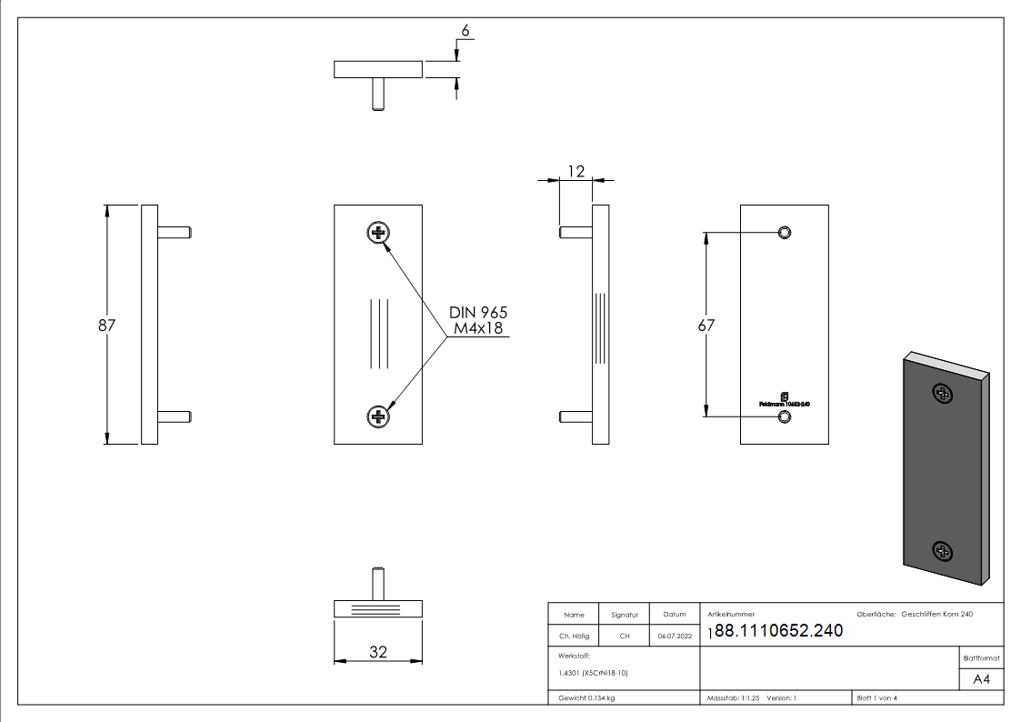 Kurzschild blind, Abmessung: 32 x 87 x 6mm, V2A