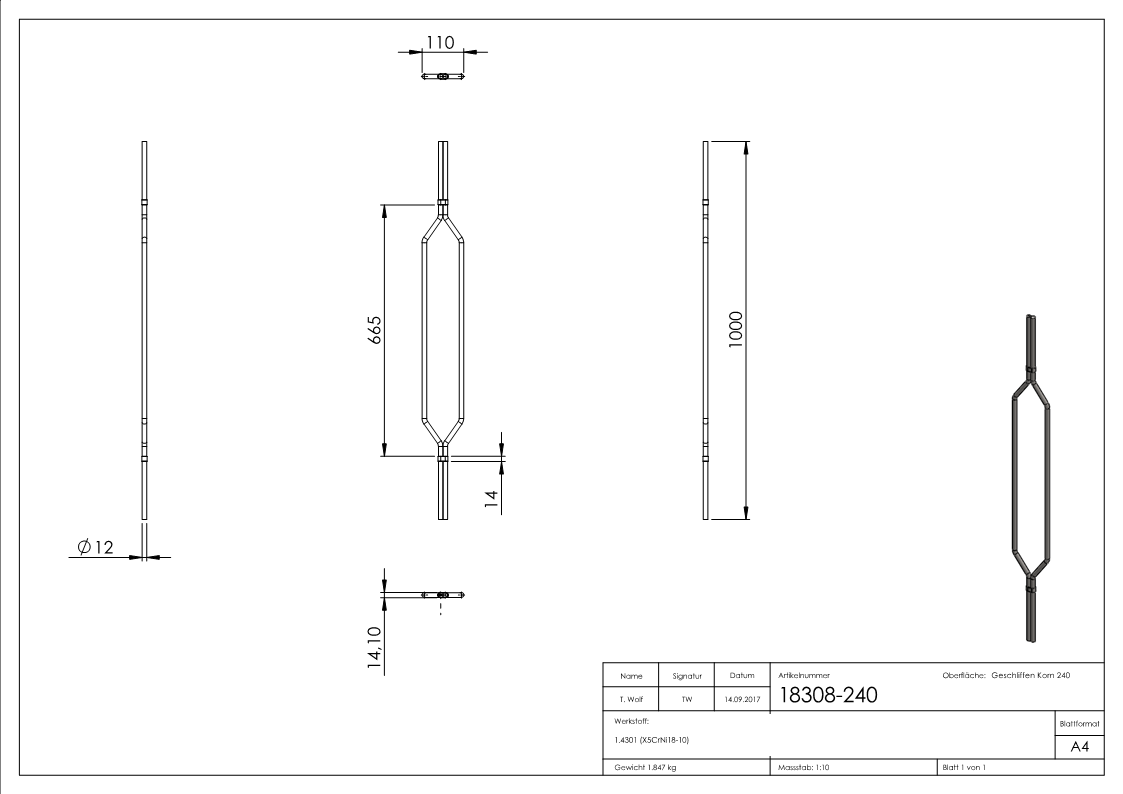 Designstab oval eckig, V2A