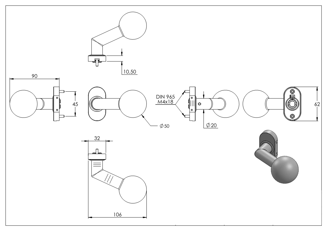 V2A Türdrücker gekröpft mit Kugel Ø 50 mm drehbar