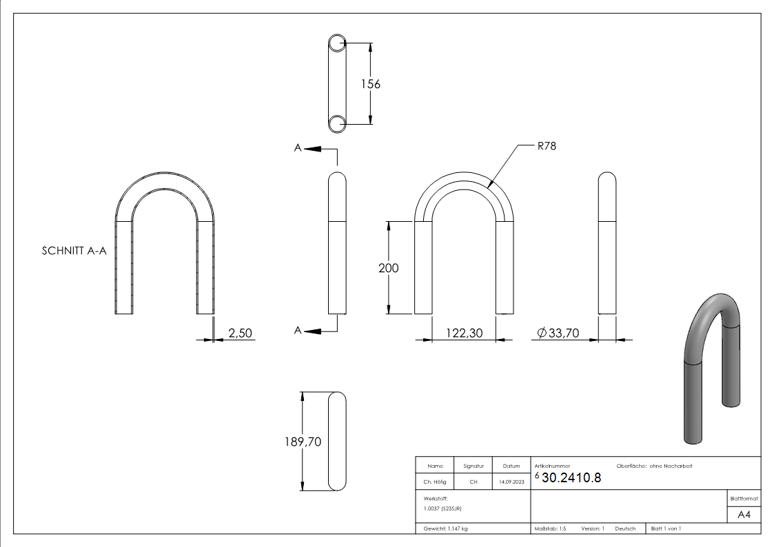 Stahl Rohrbogen | 180° | 33,7x2,5 mm | Stahl S235JR, roh