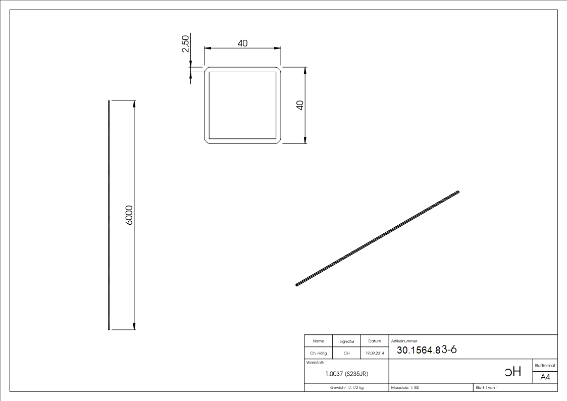 Quadratrohr | gehämmert | Maße: 40x40x2,5 mm | Länge: 6000 mm | Stahl S235JR, roh