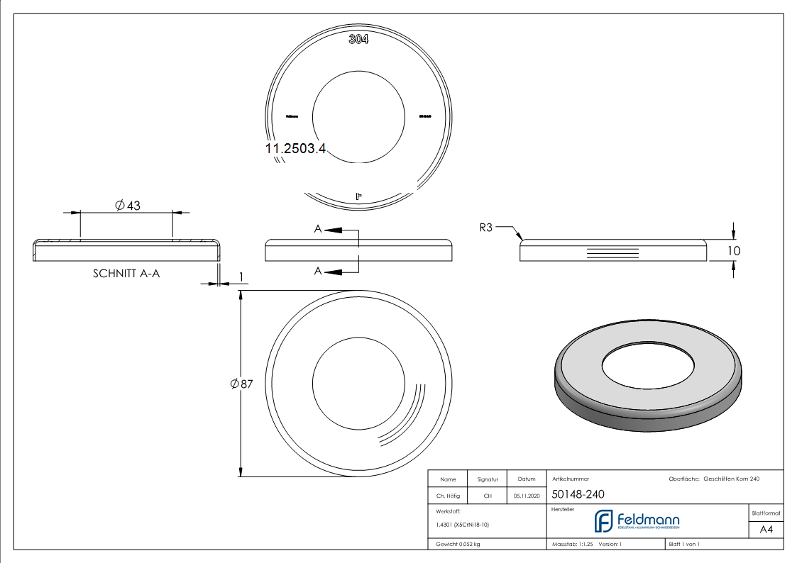 Abdeckrosette Ø 87x10 mm für Rundrohr: Ø 42,4 mm V2A