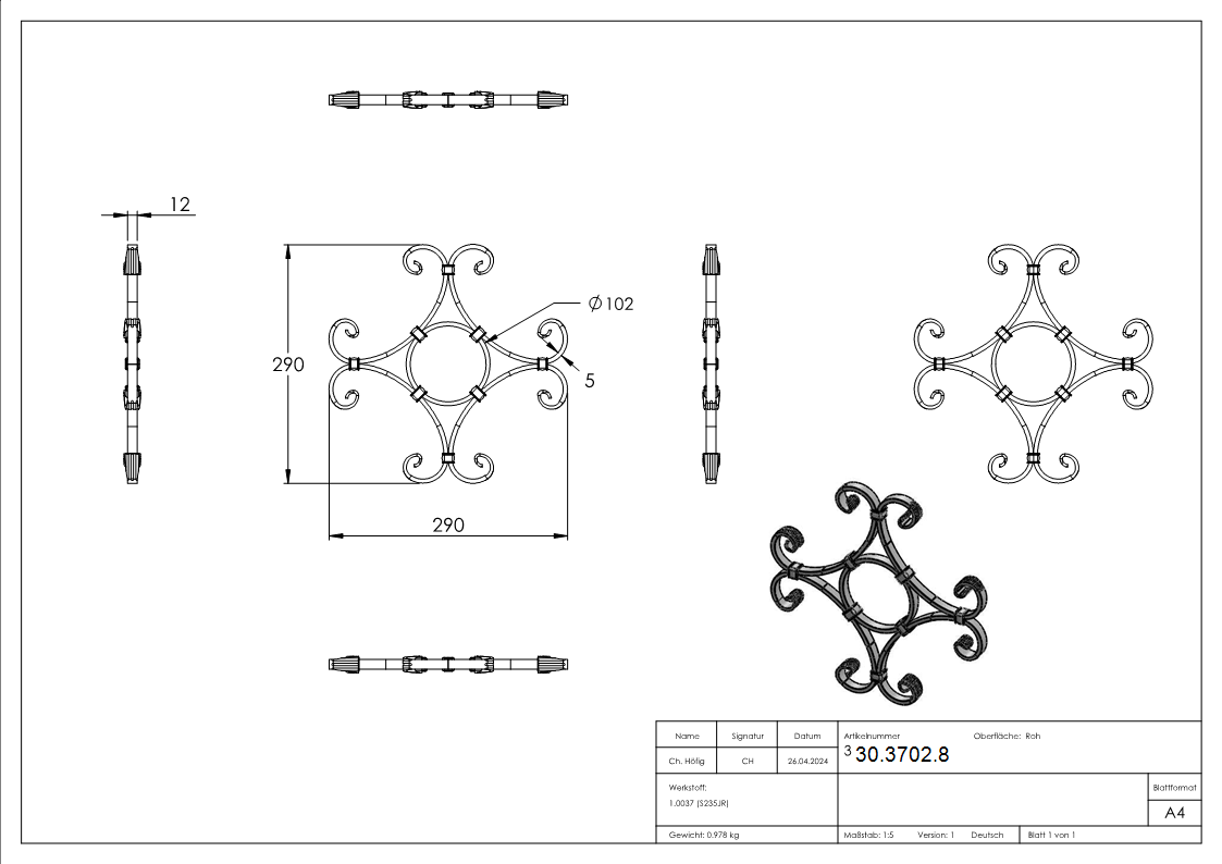 Zierelement | Maße: 290x290mm | Material: 10x5 mm | Stahl S235JR, roh