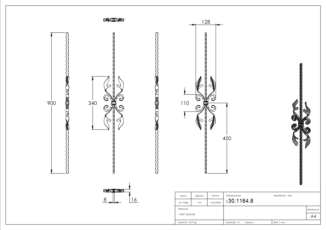 Zierstab | Länge: 900 mm | Material: 16x8 mm gehämmert | Stahl S235JR, roh