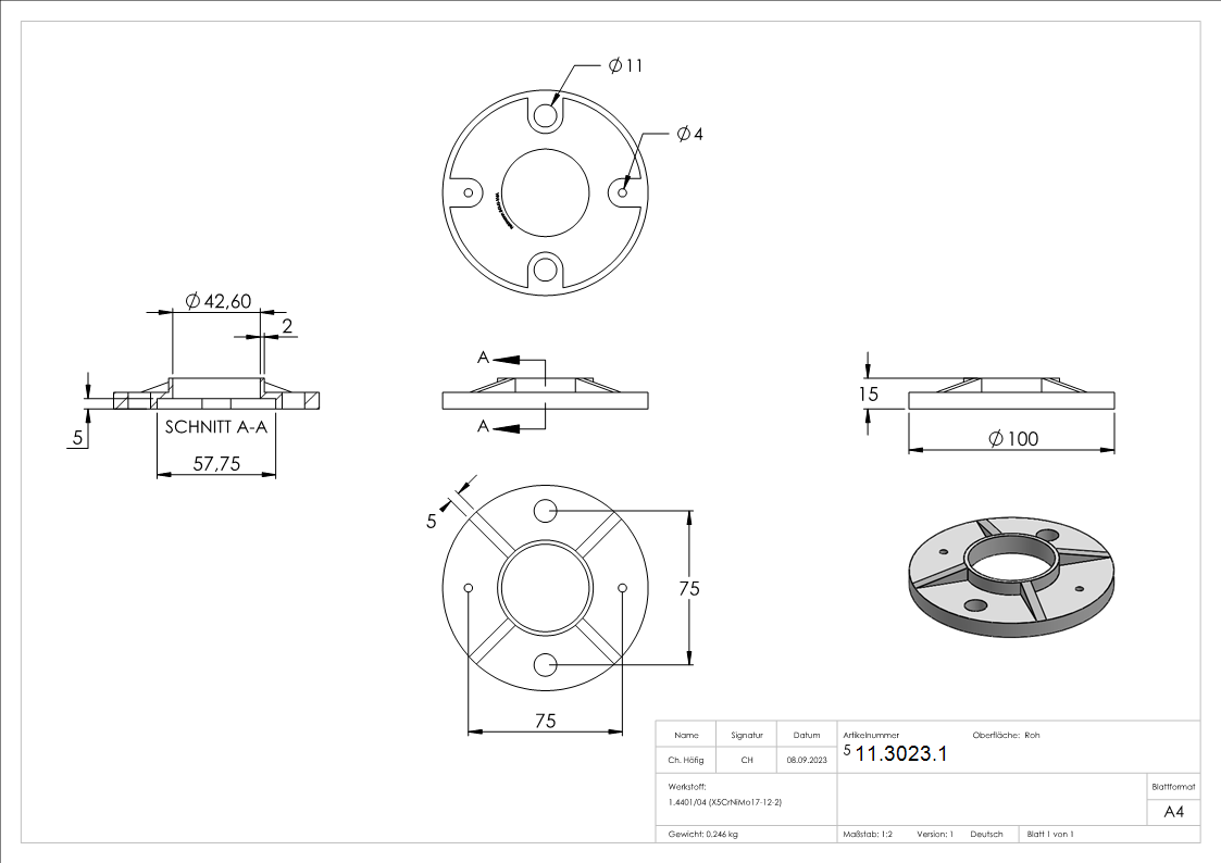 Ankerplatte  Maße: Ø 100x8 mm für Rundrohr: Ø 42,4 mm  roh, V4A