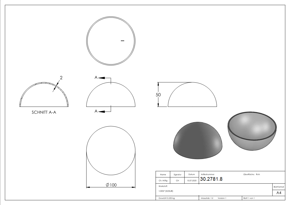 Halbhohlkugel Ø 100 mm | glatt | Stahl S235JR, roh