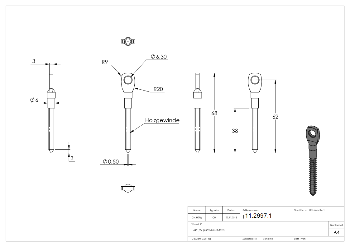 Augenschraube mit Holzgewinde M6 V4A