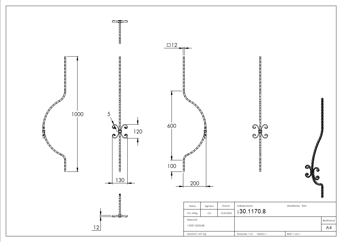 Bauchstab | Länge: 1000 mm | Material: 12x12 mm | Stahl S235JR, roh