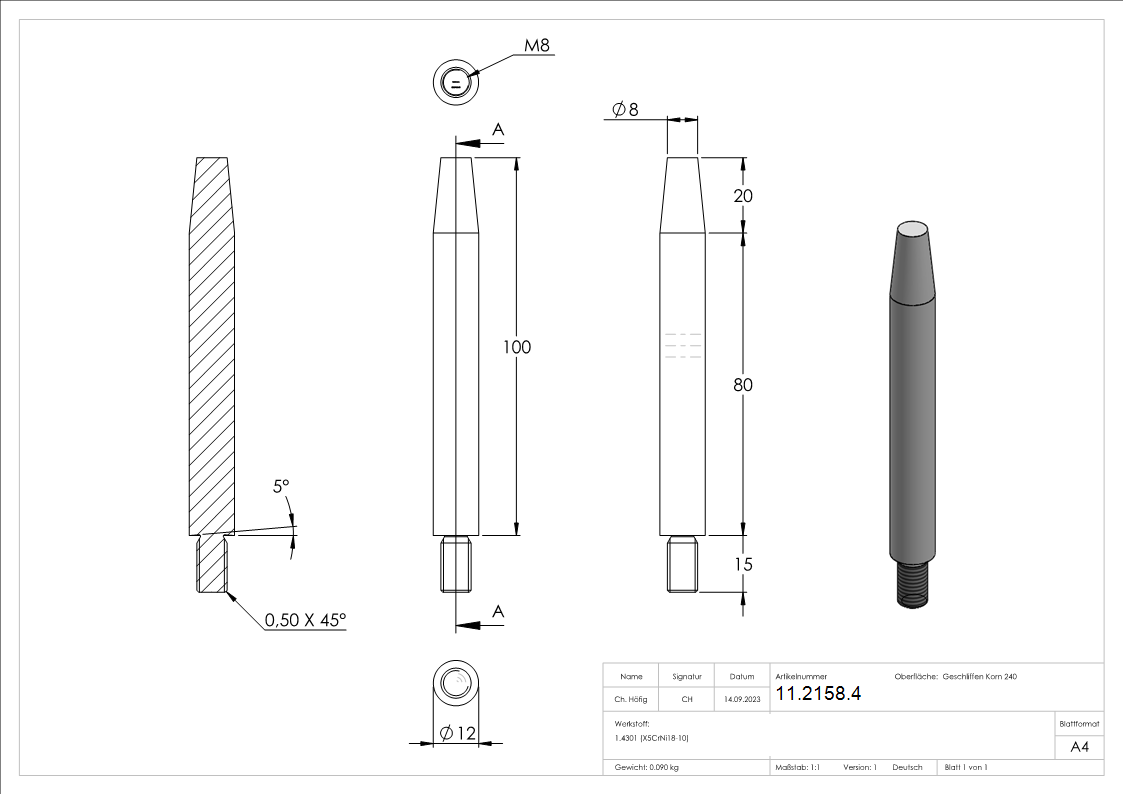 Stift | Maße: 100x12 mm | Gewinde: M8x15 mm | zum Anschweißen | V2A