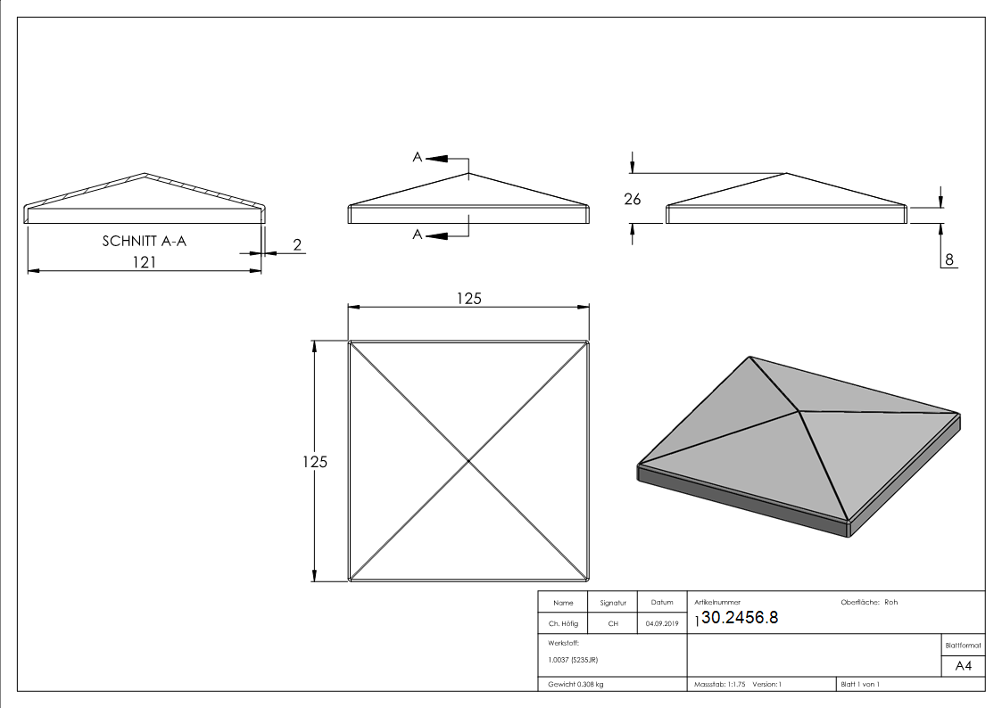 Pfeilerbedecker | für Quadratrohr | Maße: 120x120 mm | Stahl S235JR, roh