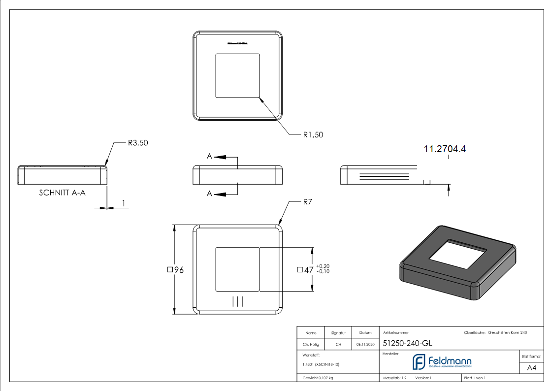 Abdeckrosette 96x96x20 mm für Vierkantrohr: 47x47 mm V2A