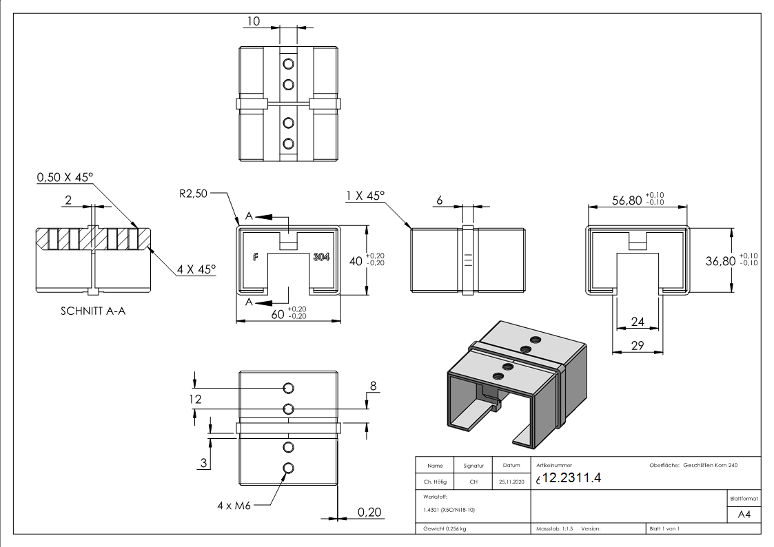 Verbinder | für Rechteck-Nutrohr: 60x40 mm | V2A