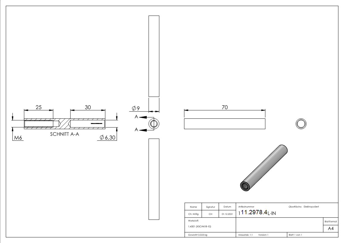 Gewindeterminal mit Innengewinde | Linksgewinde | Für Seil von Ø 6 mm |V2A